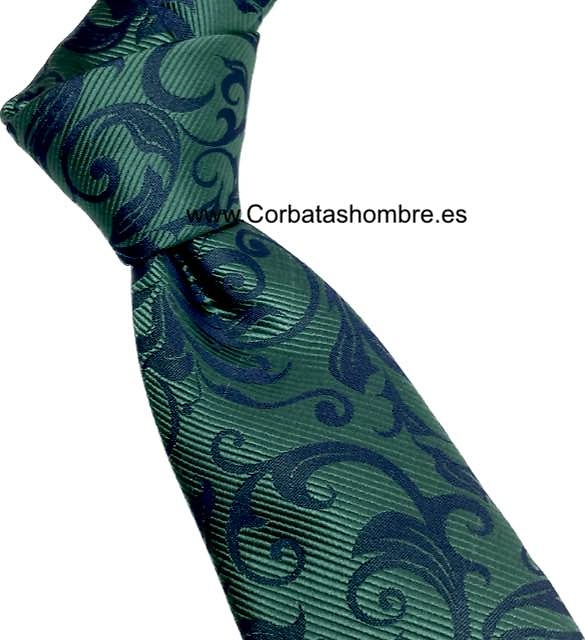 CORBATA VERDE CON CENEFA DE HOJAS VERDE OSCURO MUY ELEGANTE 