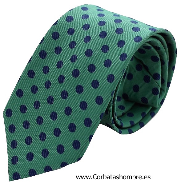 CORBATA VERDE CON LUNARES AZUL MARINO 