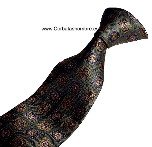 CORBATA VERDE DE CUARTERONES BARROCOS AZULES CON COBRE ELEGANTÍSIMA 