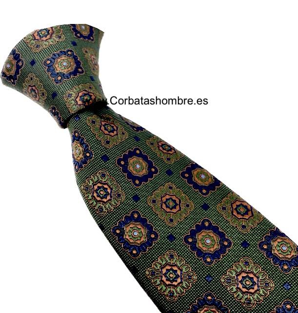 CORBATA VERDE DE CUARTERONES BARROCOS AZULES CON COBRE ELEGANTÍSIMA 