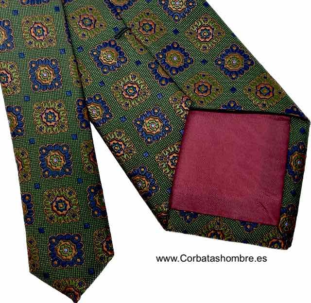 CORBATA VERDE DE CUARTERONES BARROCOS AZULES CON COBRE ELEGANTÍSIMA 