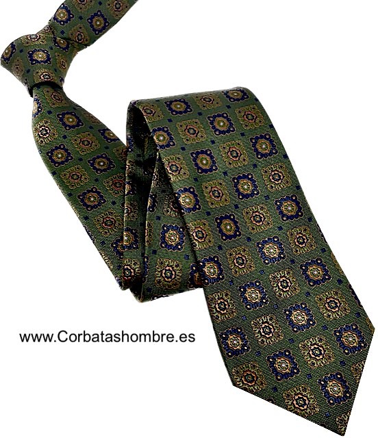 CORBATA VERDE DE CUARTERONES BARROCOS AZULES CON COBRE ELEGANTÍSIMA 