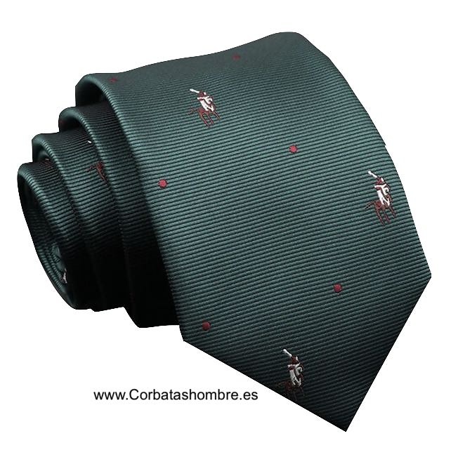 CORBATA VERDE INGLÉS CON DIBUJO DE CABALLOS DE POLO CON PUNTOS GRANATES 