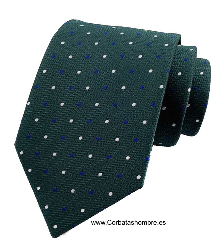 CORBATA VERDE INGLES LUNARES AZUL MARINO Y BLANCOS EN TELA ESPIGADA 