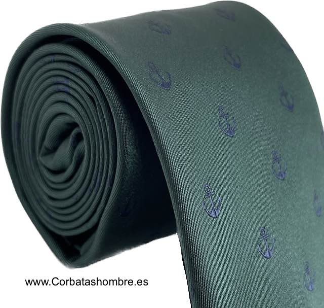 CORBATA VERDE LISA CON ANCLAS AZUL MARINO 