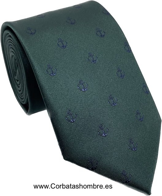 CORBATA VERDE LISA CON ANCLAS AZUL MARINO 