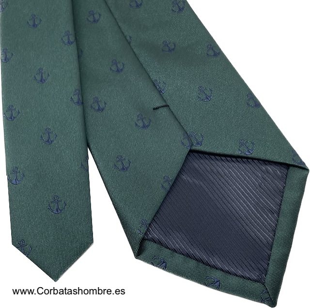 CORBATA VERDE LISA CON ANCLAS AZUL MARINO 