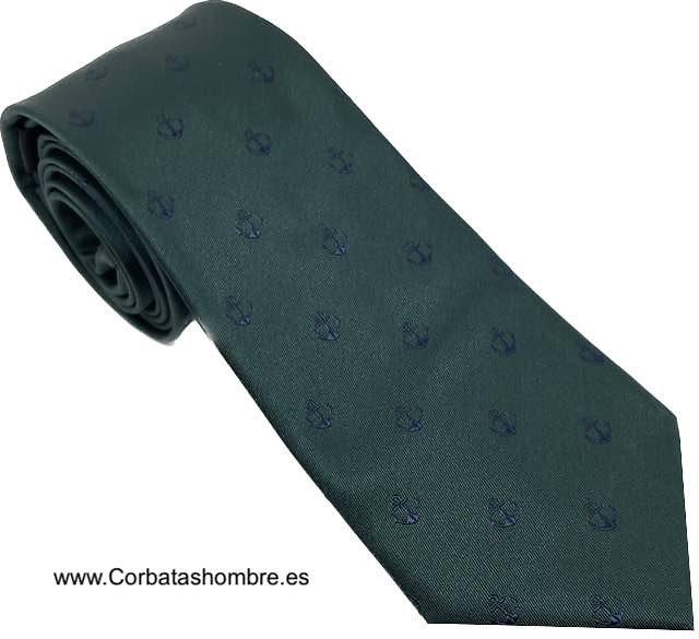 CORBATA VERDE LISA CON ANCLAS AZUL MARINO 