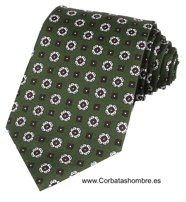 CORBATA VERDE OLIVA OSCURO CON FLORECITAS BLANCAS Y MARRONES 