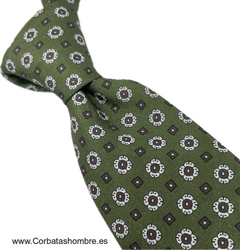 CORBATA VERDE OLIVA OSCURO CON FLORECITAS BLANCAS Y MARRONES 