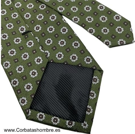 CORBATA VERDE OLIVA OSCURO CON FLORECITAS BLANCAS Y MARRONES 