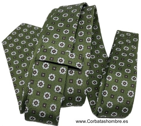 CORBATA VERDE OLIVA OSCURO CON FLORECITAS BLANCAS Y MARRONES 