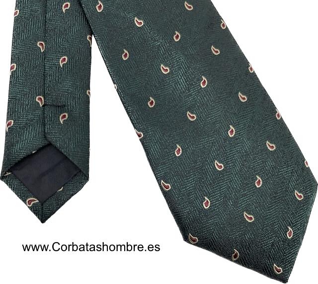 CORBATA VERDE OSCURA ESTRECHA CON TELA ESPIGADA Y CACHEMIRES PEQUEÑOS 