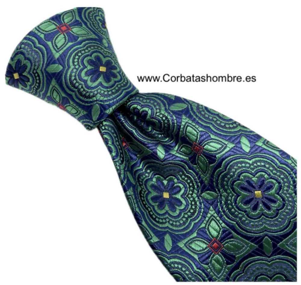 CORBATA VERDE Y AZUL MARINO DIBUJO GEOMÉTRICO DE FLORES Y ROSETONES DE TELA BROCADA 