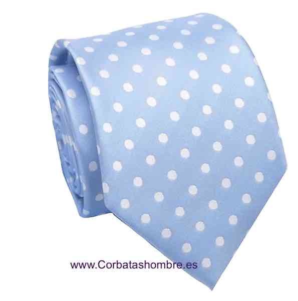 CORBATA Y PAÑUELO AZUL CLARO A JUEGO CON LUNARES BLANCOS 