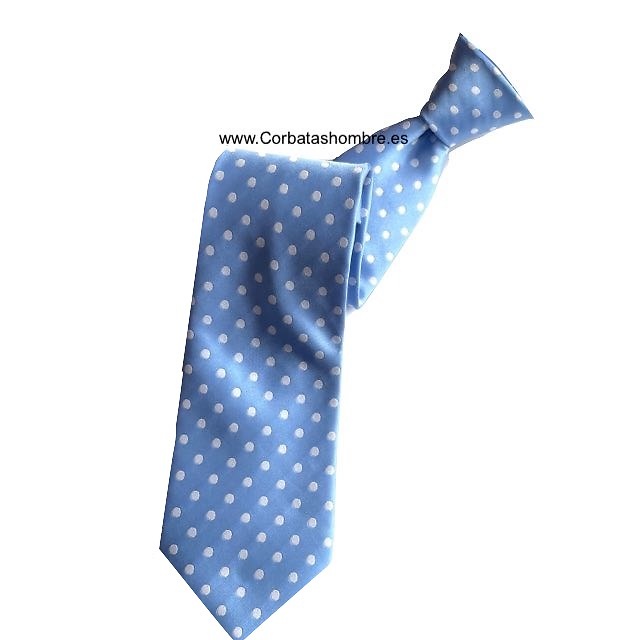 CORBATA Y PAÑUELO AZUL CLARO A JUEGO CON LUNARES BLANCOS 