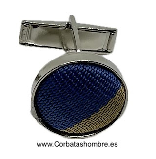 GEMELOS DE CAMISA DE TELA CAMEL Y AZUL SOBRE BASE DE METAL PLATEADO 