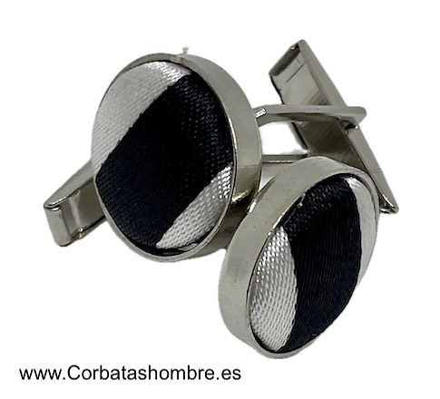 GEMELOS DE CAMISA DE TELA RAYAS BLANCA Y NEGRA SOBRE BASE DE METAL PLATEADO 