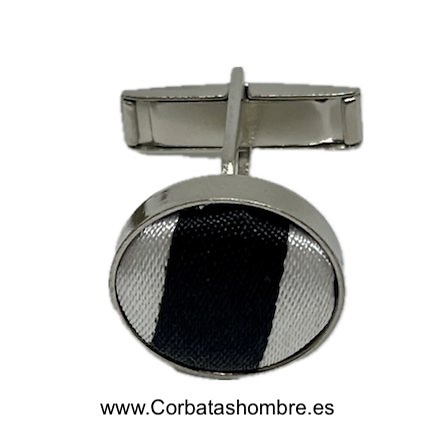 GEMELOS DE CAMISA DE TELA RAYAS BLANCA Y NEGRA SOBRE BASE DE METAL PLATEADO 