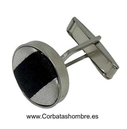 GEMELOS DE CAMISA DE TELA RAYAS BLANCA Y NEGRA SOBRE BASE DE METAL PLATEADO 