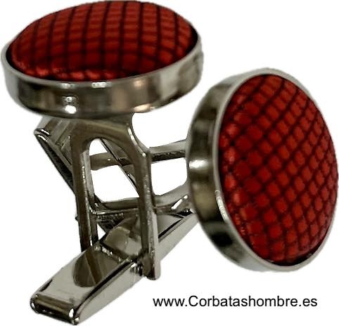 GEMELOS DE METAL Y TELA DE MINI CUADROS GRANATES O ROJO OSCUROS 