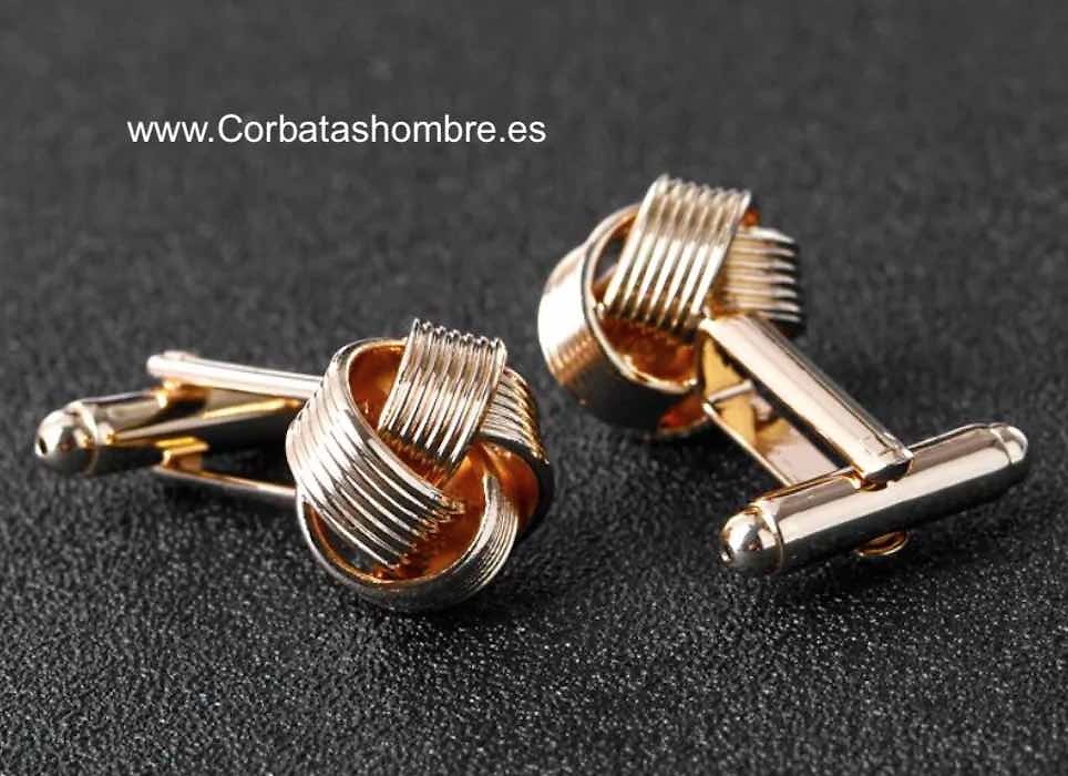 GEMELOS DORADOS DE METAL CON FORMA DE NUDO MARINERO DE 7 CABOS 