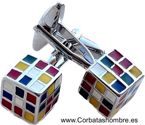 GEMELOS PLATEADOS CON CUBO DE RUBIK Y ESMALTES DE COLORES 