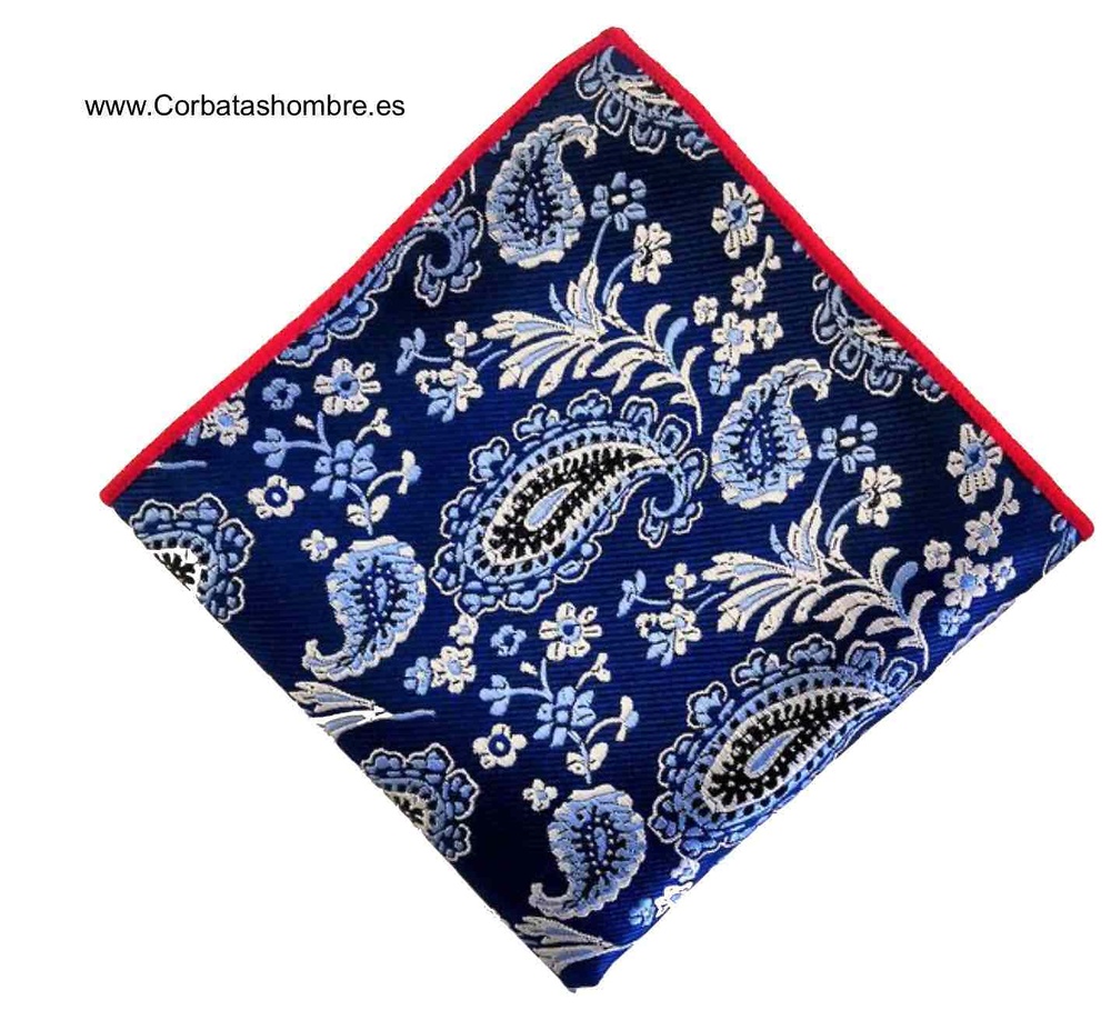 PAÑUELO AZUL DE TELA JACQUARD CON DIBUJOS FLORAL Y CACHEMIR EN TONOS AZULES Y BLANCOS 