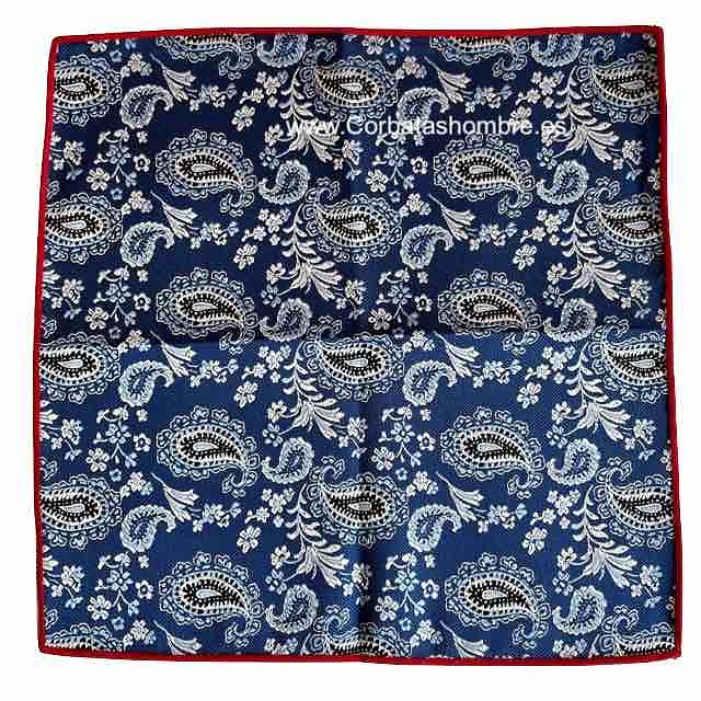 PAÑUELO AZUL DE TELA JACQUARD CON DIBUJOS FLORAL Y CACHEMIR EN TONOS AZULES Y BLANCOS 