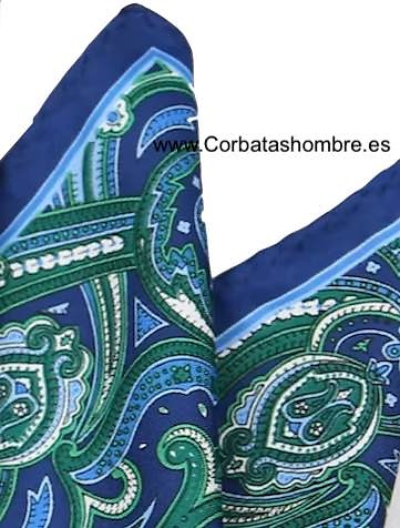 PAÑUELO BOLSILLO CHAQUETA EN AZUL DE CACHEMIRES GRANDES CON MATICES VERDES 
