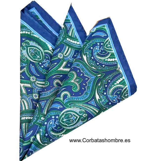 PAÑUELO BOLSILLO CHAQUETA EN AZUL DE CACHEMIRES GRANDES CON MATICES VERDES 