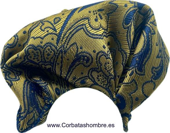 PAÑUELO BOLSILLO TRAJE EN TELA BROCADA REVERSIBLE AZUL Y DORADA CON MOTIVOS VEGETALES 