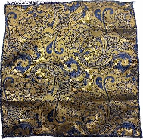 PAÑUELO BOLSILLO TRAJE EN TELA BROCADA REVERSIBLE AZUL Y DORADA CON MOTIVOS VEGETALES 