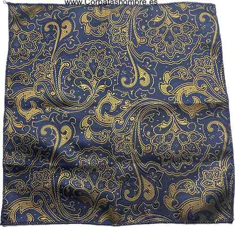 PAÑUELO BOLSILLO TRAJE EN TELA BROCADA REVERSIBLE AZUL Y DORADA CON MOTIVOS VEGETALES 
