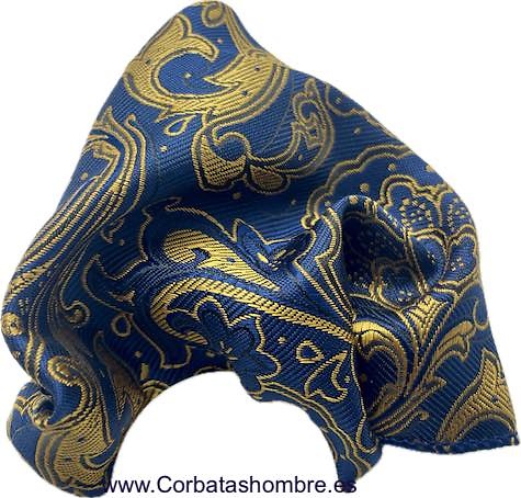 PAÑUELO BOLSILLO TRAJE EN TELA BROCADA REVERSIBLE AZUL Y DORADA CON MOTIVOS VEGETALES 