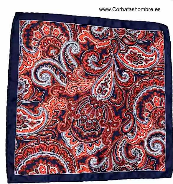 PAÑUELO BOLSILLO TRAJE ENMARCADO EN AZUL MARINO CON CACHEMIRES ANARANJADOS 