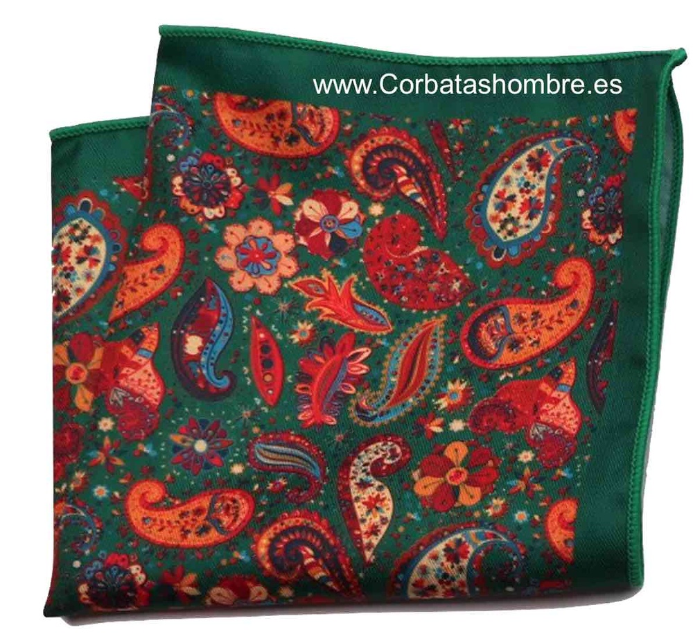 PAÑUELO DE BOLSILLO DE TRAJE EN VERDE CON CACHEMIR NARANJA 