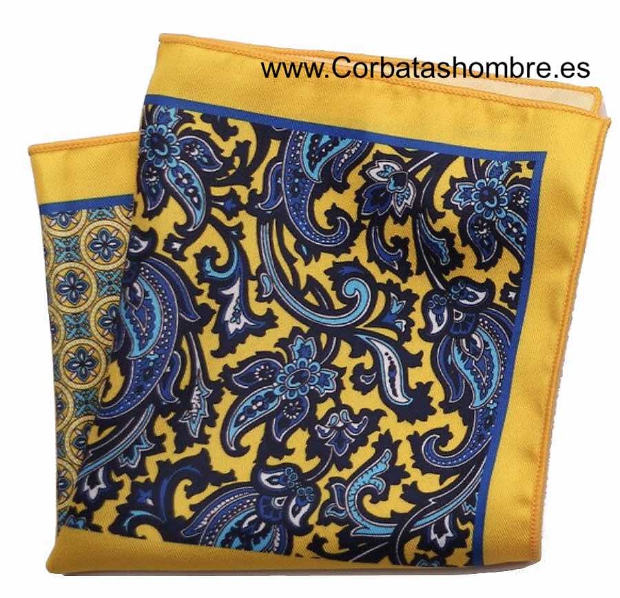 PAÑUELO DE CUATRO USOS DE CACHEMIR, TOPOS, LISO Y FLORES EN AZUL SOBRE FONDO AMARILLO. 