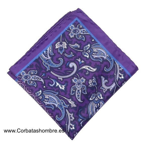 PAÑUELO LILA BOLSILLO TRAJE 4 ESTAMPADOS LISO LUNARES CACHEMIR Y ROSETONES 