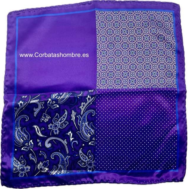 PAÑUELO LILA BOLSILLO TRAJE 4 ESTAMPADOS LISO LUNARES CACHEMIR Y ROSETONES 