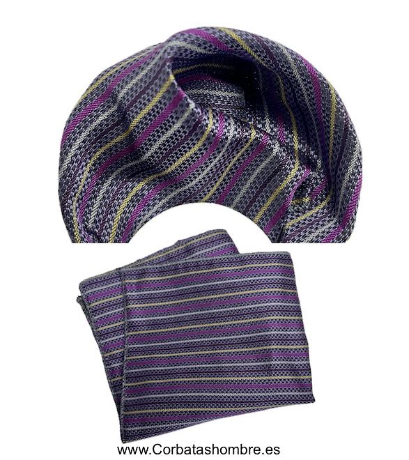 PAÑUELO LILA CON LINEAS DORADAS FUCSIAS GRISES Y MORADAS PARA EL BOLSILLO DE LA CHAQUETA DEL TRAJE 