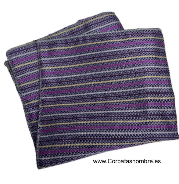 PAÑUELO LILA CON LINEAS DORADAS FUCSIAS GRISES Y MORADAS PARA EL BOLSILLO DE LA CHAQUETA DEL TRAJE 