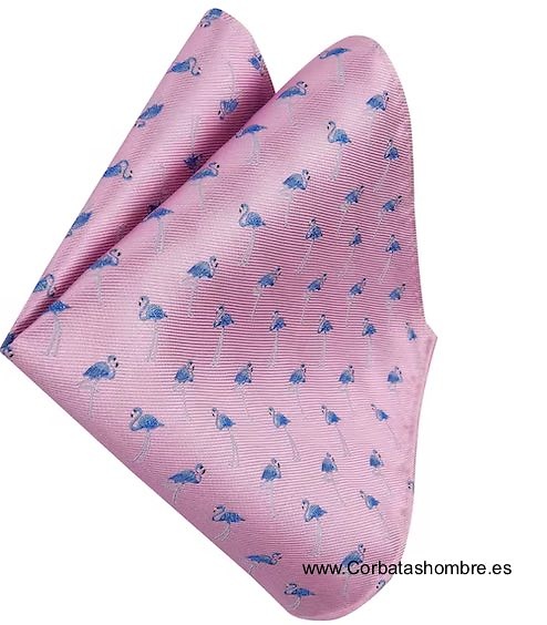PAÑUELO ROSA CON FLAMENCOS AZULES PARA BOLSILLOS CHAQUETA 