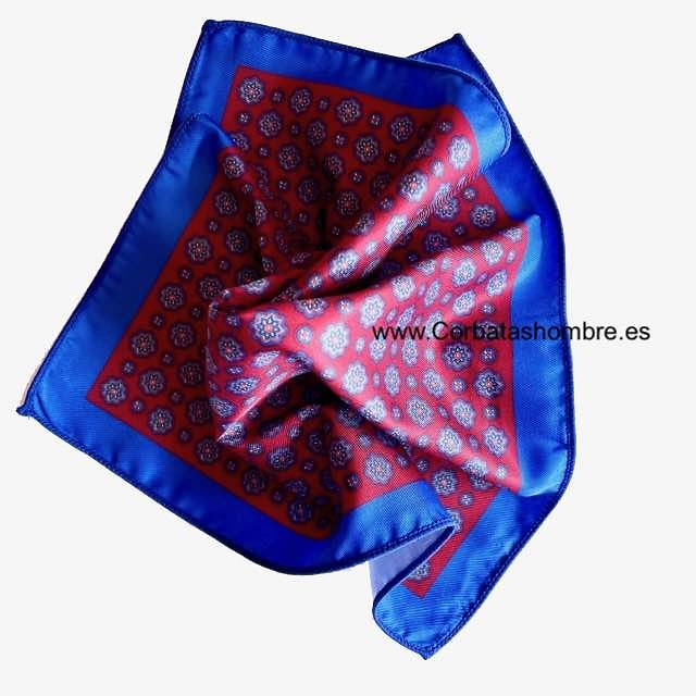 PAÑUELO TRAJE GRANATE CON ROSETONES ENMARCADO EN AZUL 