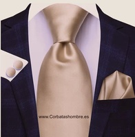 CONJUNTO CORBATA  PAÑUELO Y GEMELOS BEIGE DORADO  A JUEGO