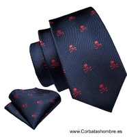 CONJUNTOS CORBATA Y PAÑUELOS TRAJE AZUL MARINO CON CALAVERAS ROJAS A JUEGO