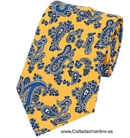CORBATA AMARILLA DE CACHEMIRES AZULES Y BLANCOS