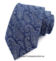 CORBATA AZUL CON DIBUJOS DE PASLEY CACHEMIR AZULES SOBRE FONDO AZUL MARINO