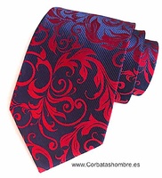 CORBATA AZUL MARINO CON CENEFA DE HOJAS ROJAS MUY ELEGANTE