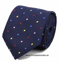 CORBATA AZUL MARINO CON LUNARES AMARILLOS, ROSAS, ROJOS Y AZULES